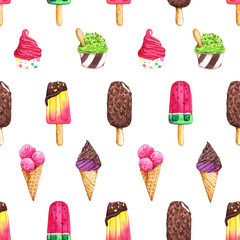 Watercolor colorful ice cream seamless pattern. Hand drawn illustration on white background.