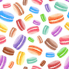 Colorful watercolor macaroon seamless pattern on white background. Hand drawn watercolor illustration.