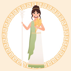 Greece goddess of harvest and grain - Demeter, cute girl in ancient greece costume, holding wheat, meander on background, olympic pantheon