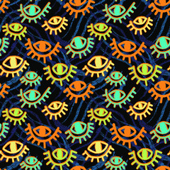 Seamless backdrop with abstract repeat hand drawn eyes and grunge wave lines  