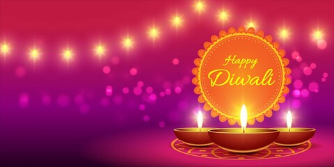 Vector greeting of Happy Diwali, Dipawali, Indian festival of lights, danglers, diya, oil lamp and lotus on beautiful pattern, holiday wishes poster.