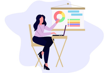 Concept illustration for working, freelancing, studying, education, work from home. Vector illustration in flat cartoon style. Freelance woman working on laptop