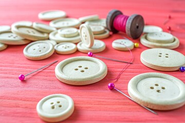 Sewing kit. Buttons, pins colored threads and tape