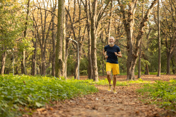 Jolly bearded male going jogging in wood