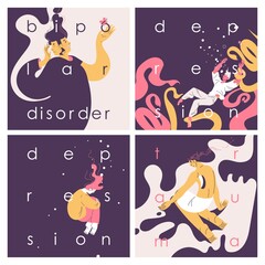 Concept illustrations with lettering about mental problems with mind health. Depression, trauma and bipolar disorder square compositions