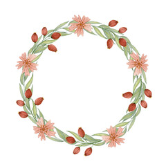 Fototapeta na wymiar Watercolor wreath with green leaves and twigs, red flowers and twigs. Floral wreath on the white background