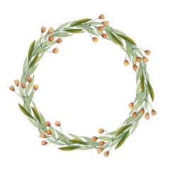 Watercolor wreath with green leaves and twigs, yellow flowers. Floral wreath on the white background.