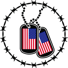 dog tags, barbed wire and usa flags