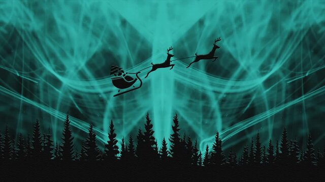 Santa Claus on a reindeer sleigh flies over the ground. Turquoise Nebula. Christmas video footage