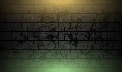 Grunge brick wall with orange green neon illumination abstract background. Vector retro design