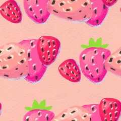 Seamless pattern with ripe strawberry. Hand drawn texture with berries watercolor background