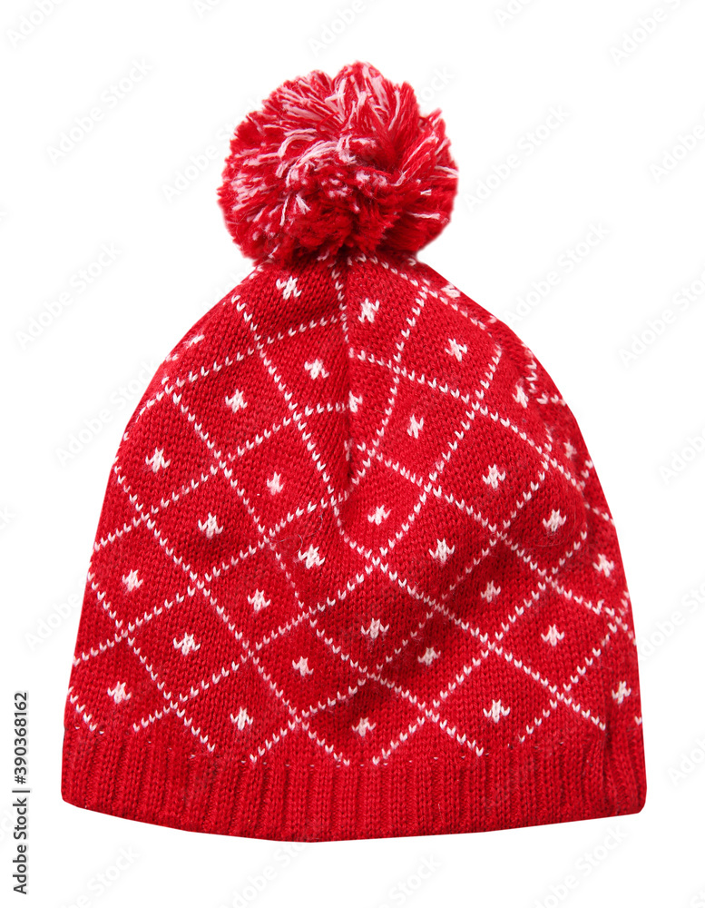 Sticker red knitted hat isolated,winter accessory.christmas decor element.