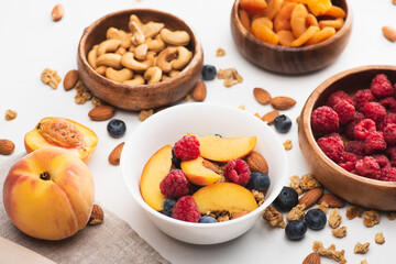 delicious granola with nuts and fruits on white background