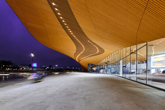 Helsinki, Finland - November 4, 2020: The Main Entrance Of The Oodi Library. Modern Nordic Architecture.