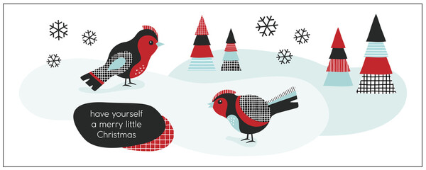 Robin birds vectors, Christmas winter holidays landscape cartoon animals illustration