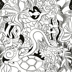 seamless pattern, black and white, exotic fish, snail, turtle, miduza. For printing on textiles, covers. Vector illustration