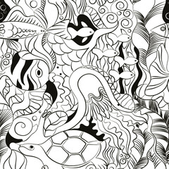 Fototapeta premium seamless pattern, black and white, exotic fish, snail, turtle, miduza. For printing on textiles, covers. Vector illustration