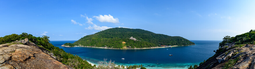 Fototapeta na wymiar Panoramic view of Pulau Aur island from top of Pulau Dayang island near Mersing, Johor, Malaysia
