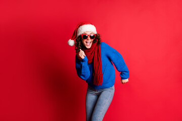 Ready to set dance floor on fire. Photo portrait of excited girl celebrating winter holidays...