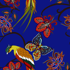 Fototapeta na wymiar Oriental motives. Seamless pattern with beautiful ethnic flowers, bird and butterly. Floral decoration. Traditional paisley pattern. Textile design texture.Tribal ethnic vintage seamless pattern. 