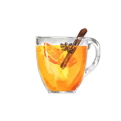 Glass of white mulled wine or tea or cider with fruit orange and cinnamon. Hand drawn watercolor illustration. - 390370916