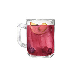 Mug of red mulled wine with fruit, apple, berry and ginger. Hand drawn watercolor illustration.