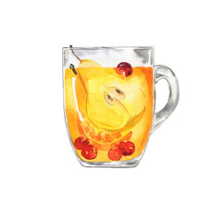 Glass of white mulled wine or tea or cider with fruit pear and berry. Hand drawn watercolor illustration. - 390370978