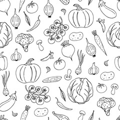 Seamless pattern of vegetable doodles on a dark background. Hand-drawn images. Vector for posters, web, textiles, children's coloring pages.