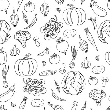 Seamless pattern of vegetable doodles on a dark background. Hand-drawn images. Vector for posters, web, textiles, children's coloring pages.