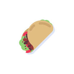 Tacos with meat and vegetable flat icon, vector sign, Mexico food with tortilla taco colorful pictogram isolated on white. Symbol, logo illustration. Flat style design