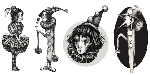 Monochrome graphic hand drawn set with characters of Pierrot and Colombina (Pierrette) isolated on white background - obrazy, fototapety, plakaty