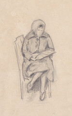 Fototapeta na wymiar Instant sketch, girl sitting on chair
