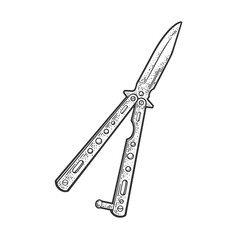 Butterfly balisong knife weapon sketch engraving vector illustration. T-shirt apparel print design. Scratch board imitation. Black and white hand drawn image.