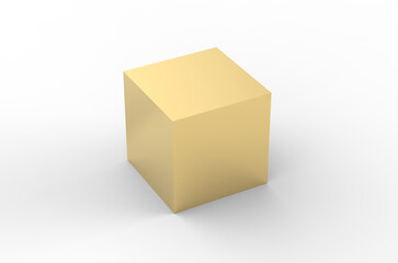 Golden cube on isolated white background, shiny object with reflections made of gold, 3d illustration