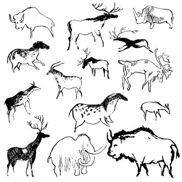 Rock painting cave old art symbol hand drawn vector illustration. Prehistoric animal art of primitive people, ornament isolated on white background.