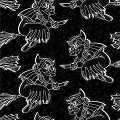 Vector halloween pattern with witches flying on brooms on black night starry background. Seamless pattern can be used for wallpaper, pattern fills, web page background, surface textures.