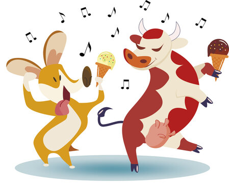 funny illustration of a dog and a cow dancing together