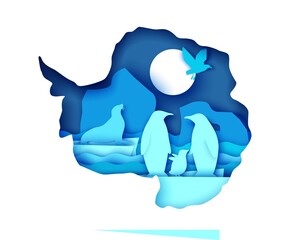 Wildlife of Antarctica, world continent. Vector illustration in paper art style. Mainland Antarctica map with icebergs, penguin family, seal wild animals silhouettes. © Siberian Art