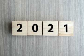 2021 new year wooden cube blocks on table background with copy space for text. Business Goals, Mission, Resolution, New Year New You concept
