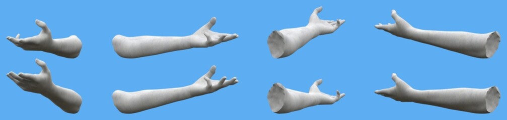 Set of white stone statue hand renders isolated on blue, lights and shadows distribution example for artists or painters - 3d illustration of objects