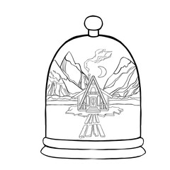 Coloring book, winter night house in the mountains. Vector illustration