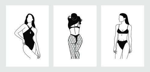 Set of stylish faceless ladies. Contemporary hand drawn minimalist posters, elegant wall art decor. Beautiful female bodies, girls in swimwear for print. Vector fashion illustration