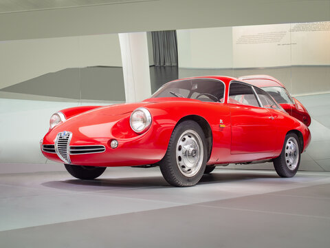 ARESE, ITALY-FEBRUARY 13, 2019: 1957 Alfa Romeo Giulietta SZ (Sprint Zagato) "Coda Tronca" in the Alfa Romeo Museum (Museo Storico Alfa Romeo)