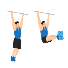 Fototapeta na wymiar Man doing hanging leg raises to bar flat vector illustration. Abdominals exercise isolated on white background