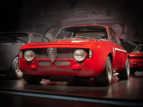 ARESE, ITALY-FEBRUARY 13, 2019: 1970 Alfa Romeo GTA 1300 Junior in the Alfa Romeo Museum (Museo Storico Alfa Romeo)