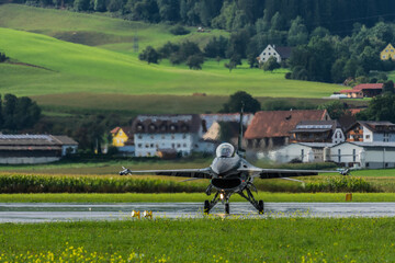 fighter plane front view at the runway at a air show