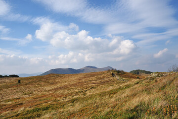 Tourists treking to Polonina Wetlinska. Bieszczady Mountains landscape.