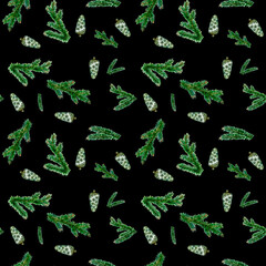 Seamless pattern. Fir branches and fir-cones. Isolated on black. Watercolor hand-drawn elements. Ideal for Merry Christmas and Happy New Year cards, flyers, brochures, wrapping paper