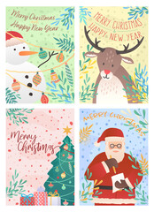 vector abstract fun christmas time cartoon illustration greeting cards template. backgrounds big collection set with snowman, deer, santa, and xmas elements isolated on white background