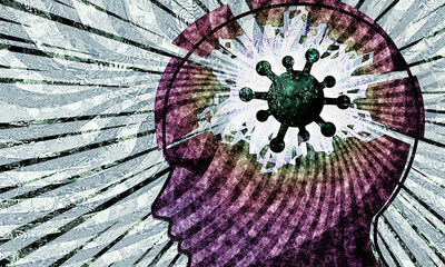 coronavirus pandemic mental health and wellbeing  impact covid virus cell in head breakdown with grunge swirl effect in grey and manga ray burst